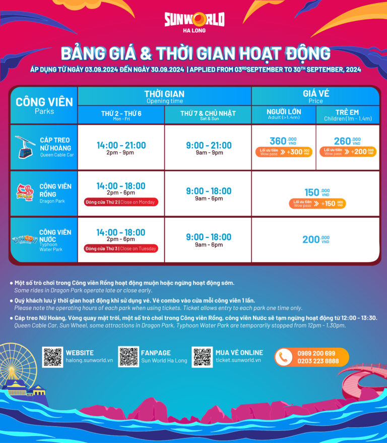 THỜI GIAN HOẠT ĐỘNG VÀ BẢNG GIÁ VÉ ÁP DỤNG từ ngày 03.09.2024!