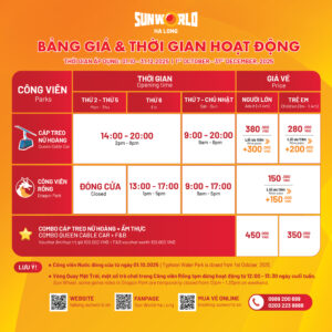 THỜI GIAN HOẠT ĐỘNG VÀ BẢNG GIÁ VÉ áp dụng từ ngày 01/10 – 31/12/2025!