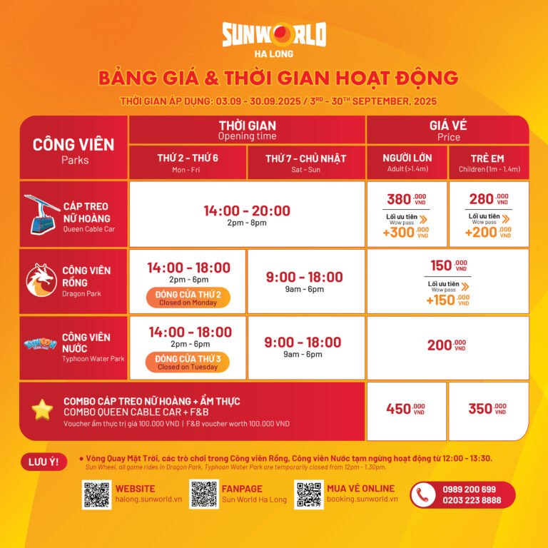 Operating hours and Ticket prices from 03 September to 30 September